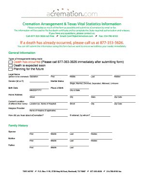 Fillable Online Cremation Arrangement Form Crematorium Crematory