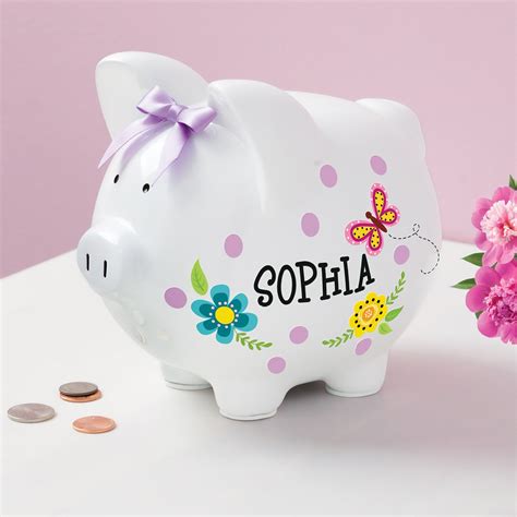 Personalized Colorful Floral Design Piggy Bank | Collections Etc.