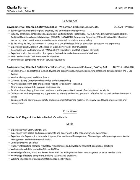 Environmental, Health & Safety Specialist Resume Samples | Velvet Jobs