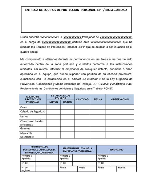 Formato De Entrega De Equipo De Proteccion Personal Quien Suscribe