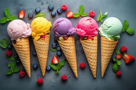 Colourful Ice Cream Cones With Fresh Fruits Over Dark Background Different Ice Cream Flavours