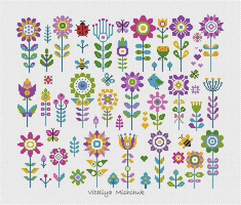 Small Flower Cross Stitch Pattern Floral Folk Mini Set Garden Plants