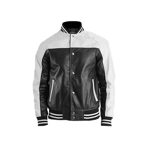 Men's Black & White Leather Varsity Jacket - AU LeatherX