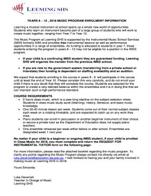 Fillable Online Year 8 12 Music Program Enrolment Letter Leeming