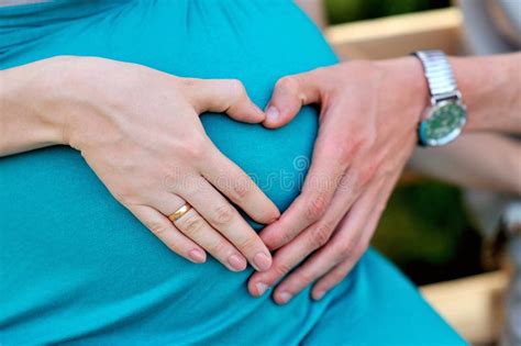 Hands Folded Mom And Dad A Heart On Pregnant Tummy Stock Photo Image