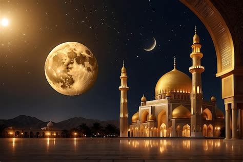 Premium Ai Image Elegant Golden Moon With Mosque Ramadan Kareem