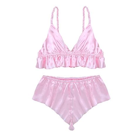 Freebily Men S Piece Lingerie Set Satin Frilly Ruffles Bra Tops Sissy Pouch Panties Nightwear