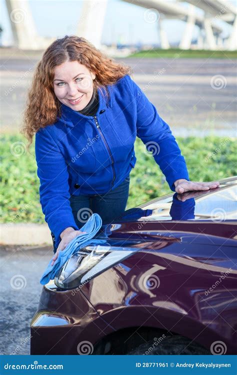 Attractive Woman Cleaning Car Stock Image Image