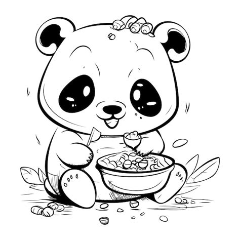 Lindo Panda De Dibujos Animados Comiendo De Un Plato De Cereales