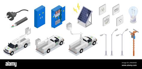 Electrician Isometric Icons Set Of Electrical Appliances Equipment And