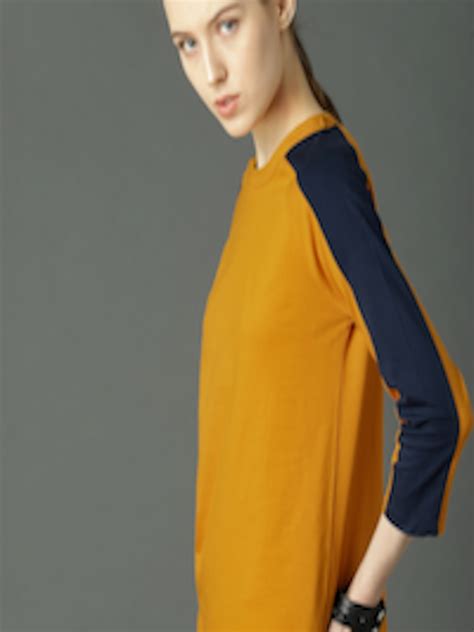 Buy Roadster Women Mustard Yellow Colourblocked Round Neck Relaxed Fit