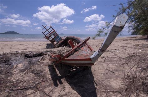 Storm Damage. Fishing Boat are Damaged. Boat Collapsed Stock Image ...