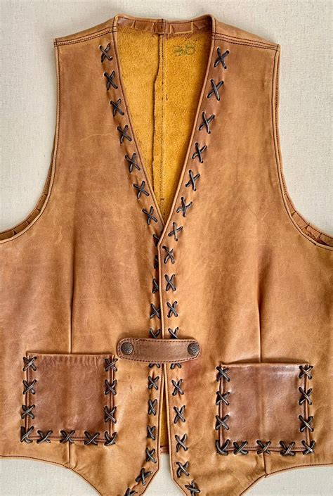 Western Tan Leather Vest Vintage Handmade Distressed Faded Patina