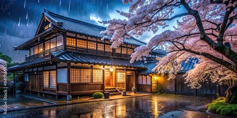 ภาพประกอบสต็อก Traditional Japanese House With A Cherry Blossom Tree In