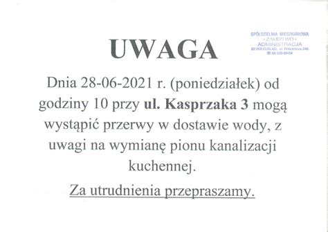 Kasprzaka Przerwa W Dostawie Wody Sp Dzie Nia Mieszkaniowa Zakrzewo