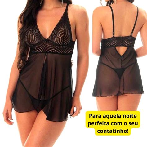 Kit Camisola Sexy Feminina Rendada Sem Bojo Calcinha Fio Dental Tule Lingerie Sensual