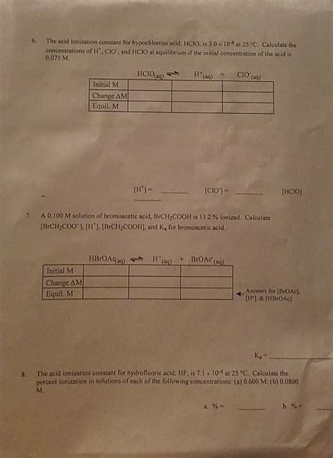 Solved The Acid Ionization Constant For Hypochlorous Chegg