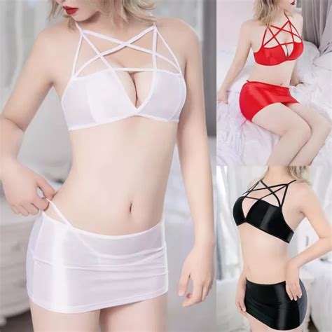 ENSEMBLE DE COMBINAISON Lingerie Brillante Avec Soutien Gorge Bandage Mini Jupe EUR 23 22