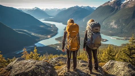 Hikers With Backpacks Enjoying Valley View From Top Of A Mountain