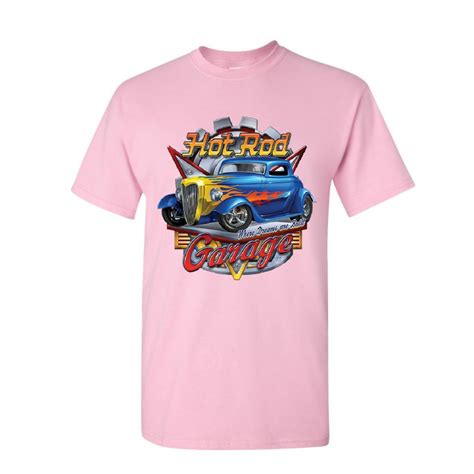 Tee Hunt Hot Rod Garage T Shirt Where Dreams Are Built US Classic Rebuild Mens Shirt Light Pink