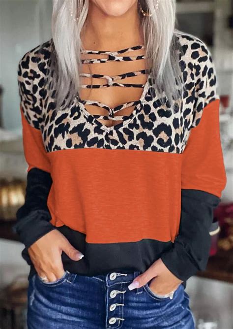 Leopard Color Block Criss Cross Long Sleeve Blouse Long Sleeve Blouse