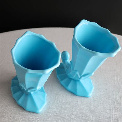 Pair Of Blue Milk Glass Cornucopia Vases By Westmoreland — Jeni Sandberg