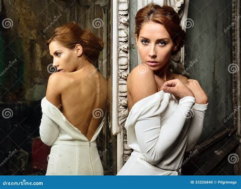 Beautiful Woman In White Dress With Naked Back Stock Photo Image Of Flirting Playful