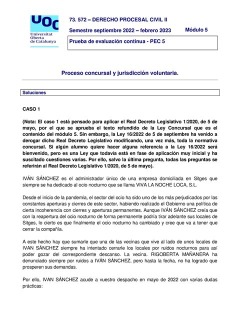 73572 PEC5 Soluciones Solpec 5 73 572 DERECHO PROCESAL CIVIL II