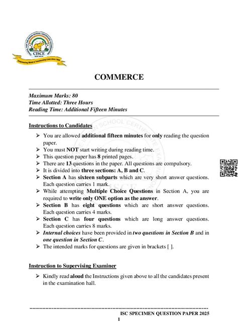 Isc Commerce Specimen Paper 2025 Pdf Cisce Class 12 Commerce Sample Paper Aglasem