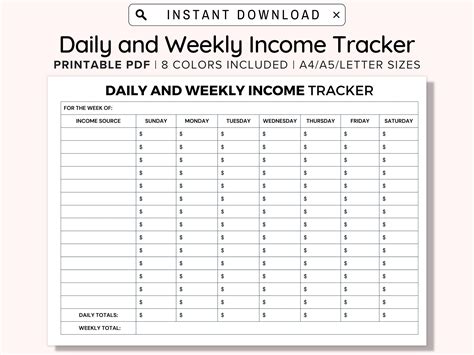 Printable Daily And Weekly Income Tracker Income Tracker Printable