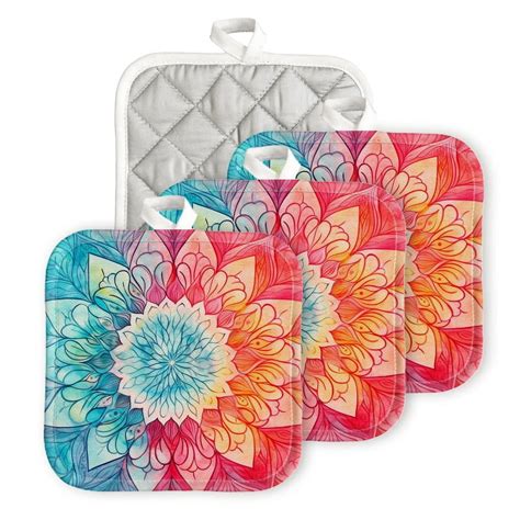 Bahomeck Pot Holder Pcs Watercolor Mandala Blue And Red Color Palette Square Heat Resistant Hot