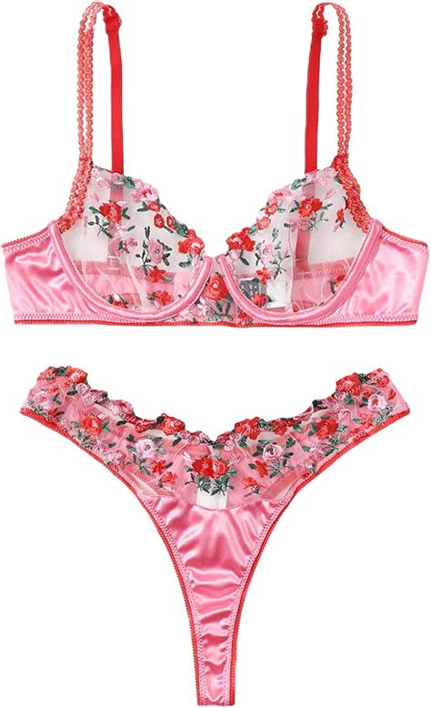 Soly Hux Women S Sexy Sheer Mesh Floral Embroidery Lingerie Set Bra And