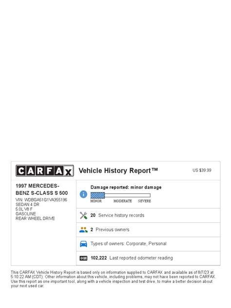 Carfax Vehicle History Report For This 1997 Mercedes Benz S Class S 500