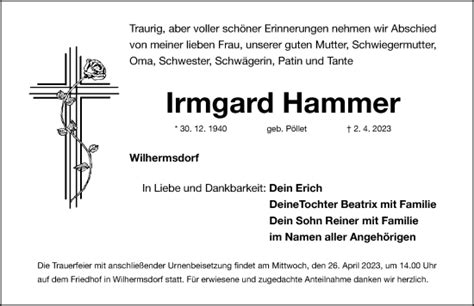 Traueranzeigen Von Irmgard Hammer Trauer Nn De