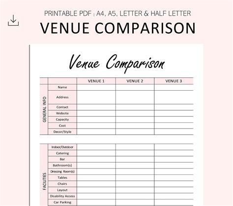 Venue Comparison Printable Event Planning Venue Details Venue Checklist