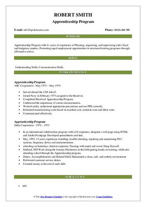 Apprenticeship Program Resume Samples | QwikResume