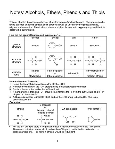 Alcohol Ether Phenol Thiol Notes Alcohols Ethers Phenols And