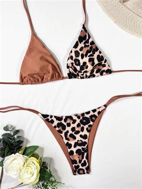 Leopard Patchwork Bikini Sexy Halter Biquini Bandage Swimwear Women Brazilian Swimsuit Two