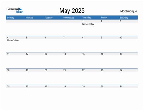 Editable May 2025 Calendar with Mozambique Holidays
