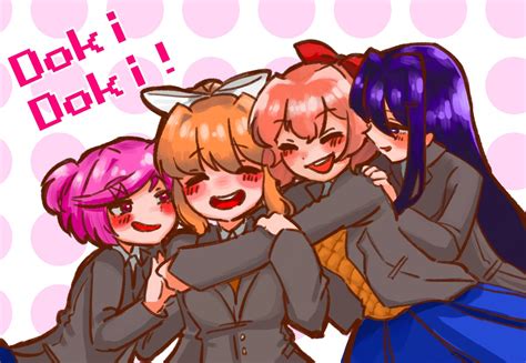 The Dokis Are Giving Monika A Big Hug 💚 💙 💗 💜 By Mo On Pixiv Rddlc