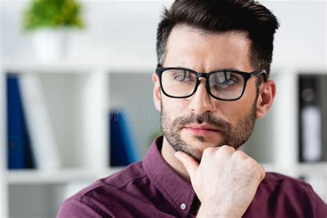 Confident Pensive Businessman In Eyeglasses Touching Stock Image Image Of Pensive Successful