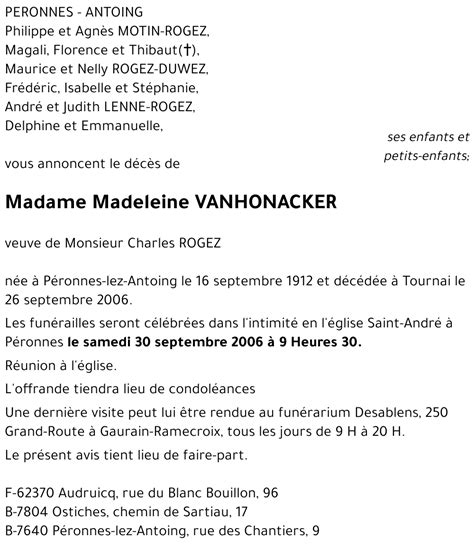 Avis De Décès De Madeleine Vanhonacker Décédé Le 26 09 2006 à Tournai