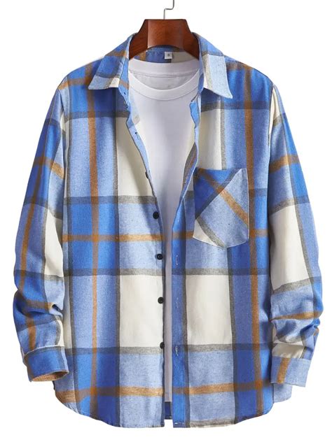 Big Plaid Pattern Mens Retro Long Sleeve Lapel Shirt Chest Temu Canada