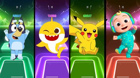 Bluey Bingo Vs Baby Shark Vs Pikachu Vs Cocomelon Tiles Hop Edm Rush