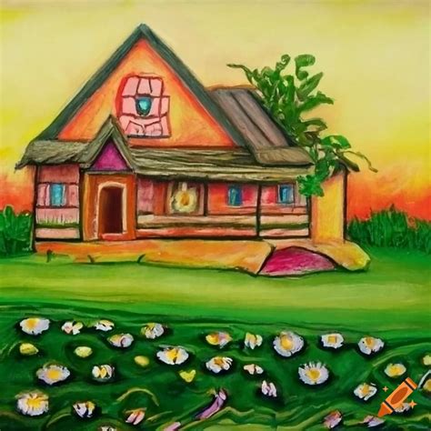 Naive Art Of A Small House By A Pond With Oak Trees And Hills On Craiyon