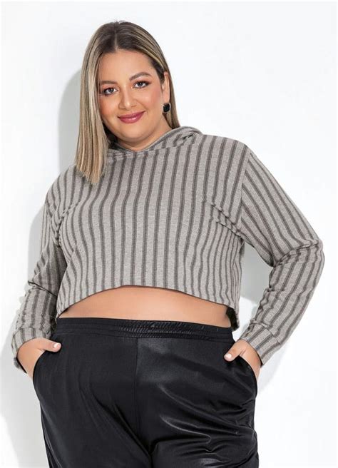 Casaco Cropped Listras Mescla Plus Size Marguerite