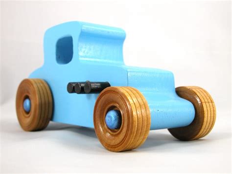 Wooden Toy Car Hot Rod 1927 T Coupe Handmade And Painted Baby Blue With Black And Metallic