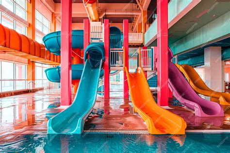 Premium Photo | Indoor Empty Water park for kids with colored slides