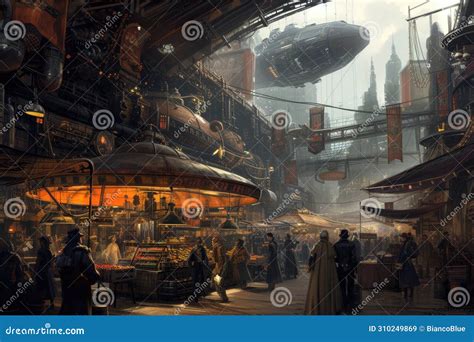 Steampunk Airships Over a Victorian Cityscape. Resplendent. Stock Image - Image of steampunk ...