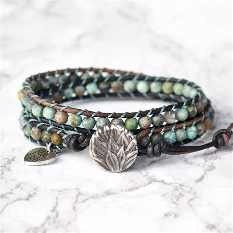 African Turquoise Wrap Bracelet ~ Silver Button Bluefish Bohemian